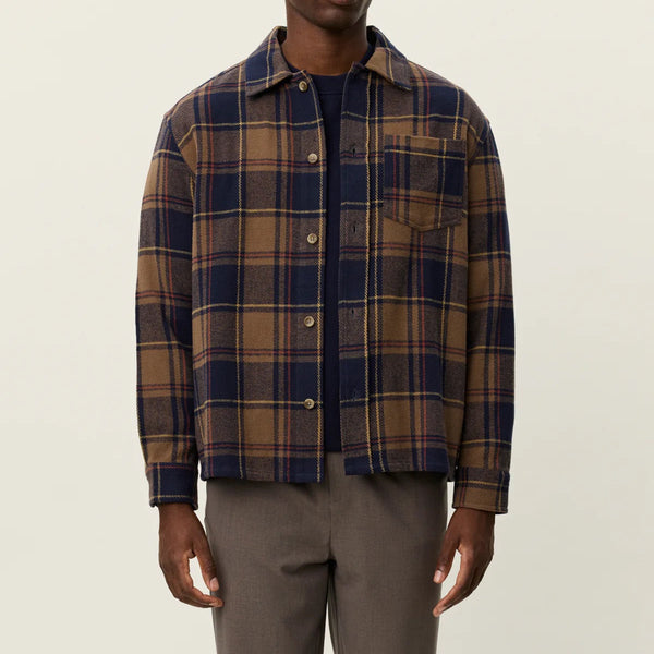 Mountain Grey Brown Loan Check Cotton Twill Overshirt