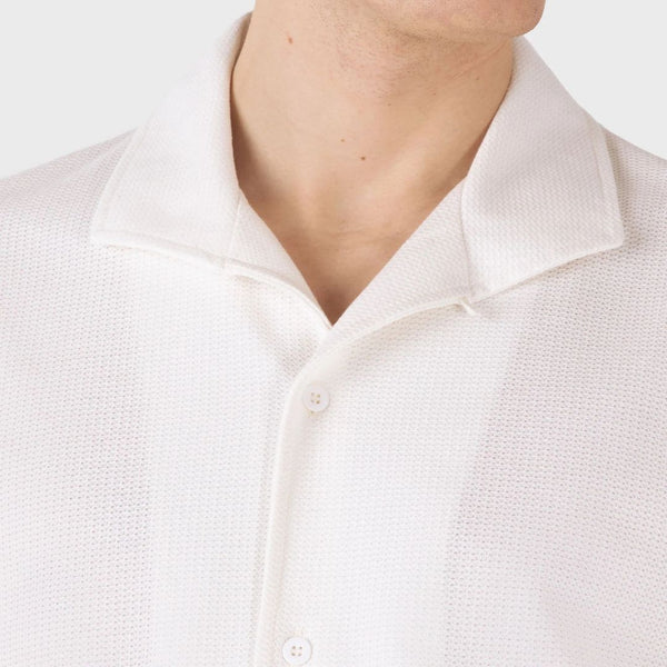 Ecru Open Collar Cotton Textured Mesh Jersey Shirt