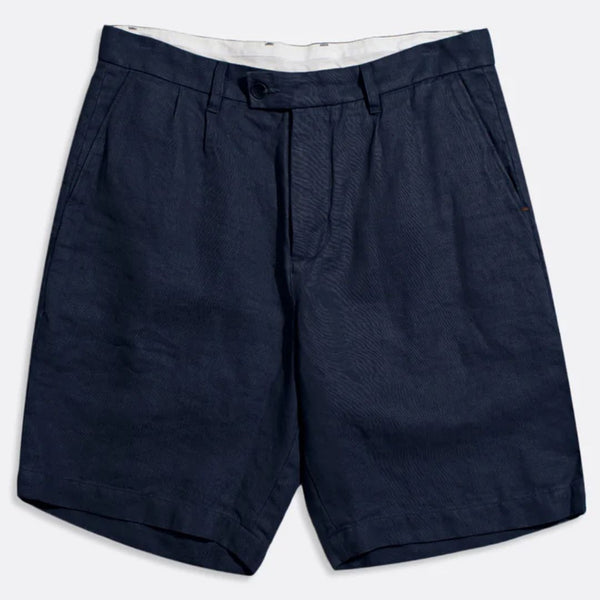 Navy Iris Double Pleat Linen Shorts