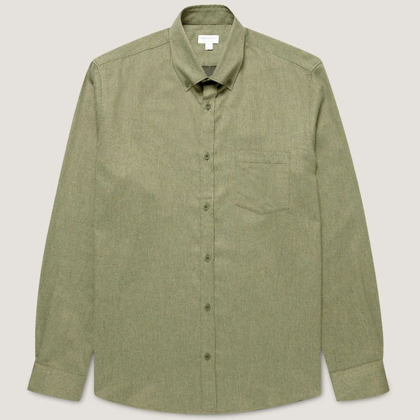 Sea Moss Melange Brushed Cotton Flannel Shirt