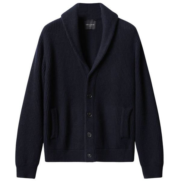 Navy Cashmere Wool Shawl Collar Knit Cardigan