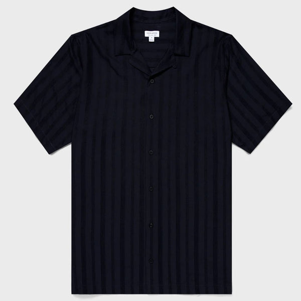 Navy Embroidered Stripe Camp Collar Shirt