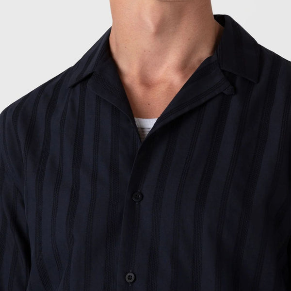 Navy Embroidered Stripe Camp Collar Shirt