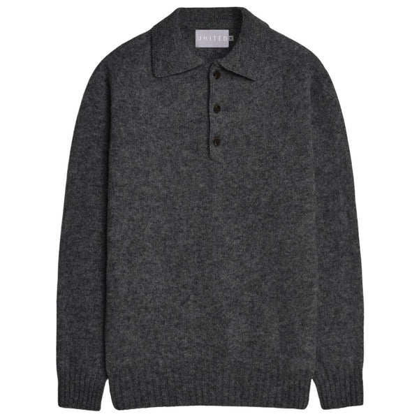 Charcoal Brushed Superfine Knit Lambswool Polo Sweater