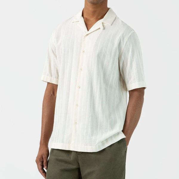 Ecru Embroidered Stripe Camp Collar Shirt