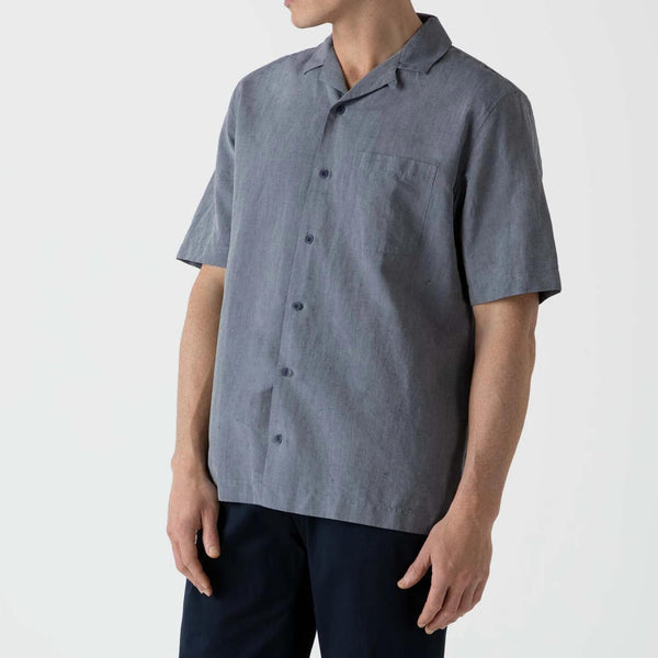 Light Navy Melange Cotton Linen Camp Collar Shirt