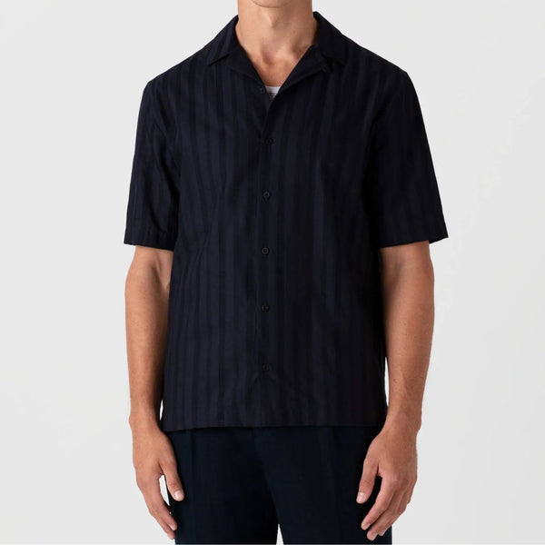 Navy Embroidered Stripe Camp Collar Shirt