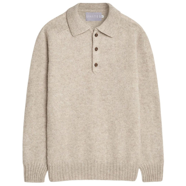 Oatmeal Brushed Superfine Knit Lambswool Polo Sweater