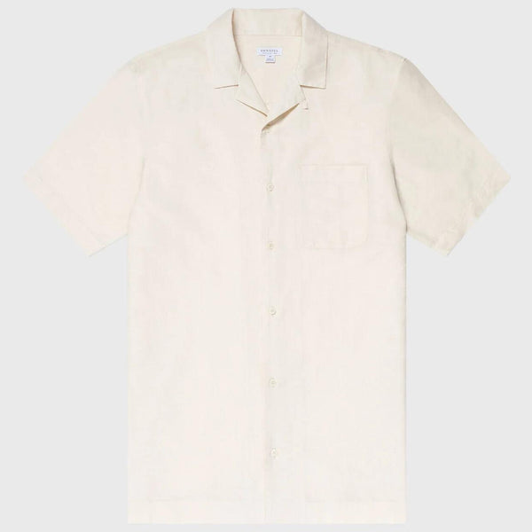 Ecru Cotton Linen Camp Collar Shirt