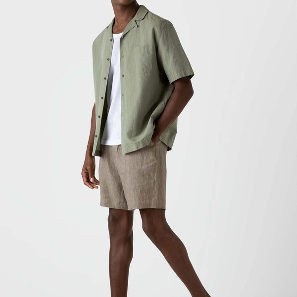 Hunter Green Cotton Linen Camp Collar Shirt