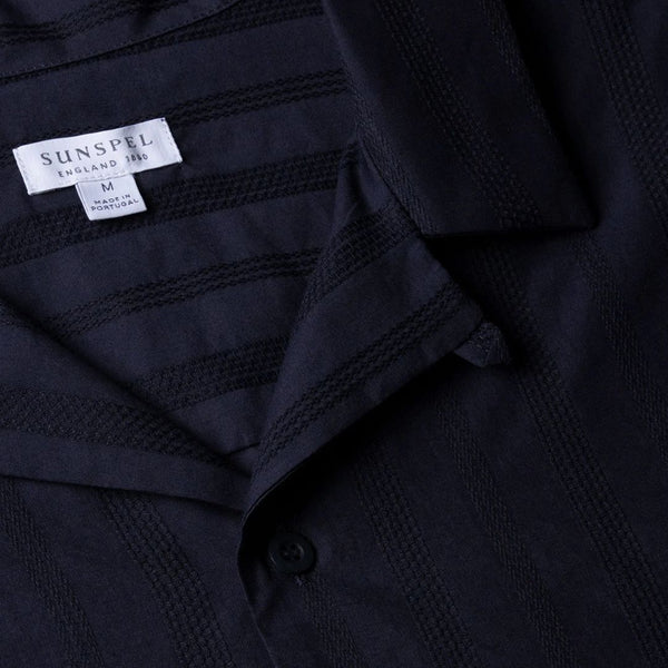 Navy Embroidered Stripe Camp Collar Shirt