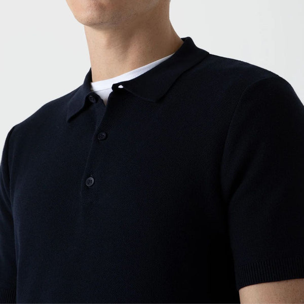 Navy Fine Knit Textured Polo Shirt
