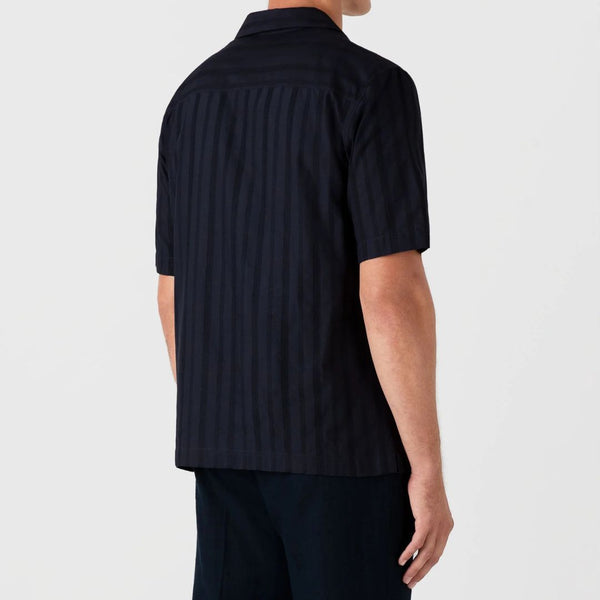 Navy Embroidered Stripe Camp Collar Shirt