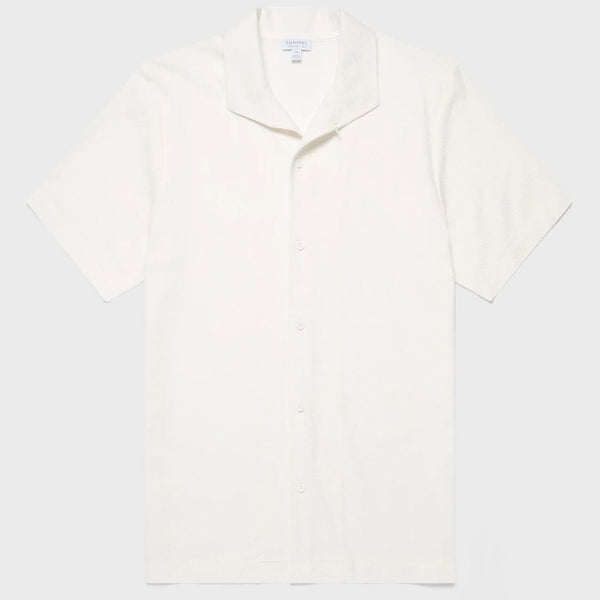 Ecru Open Collar Cotton Textured Mesh Jersey Shirt