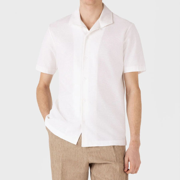 Ecru Open Collar Cotton Textured Mesh Jersey Shirt