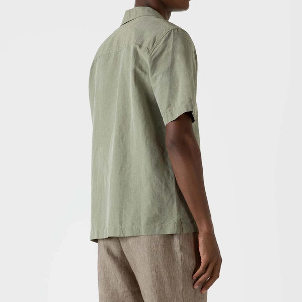 Hunter Green Cotton Linen Camp Collar Shirt