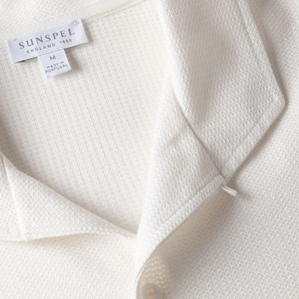 Ecru Open Collar Cotton Textured Mesh Jersey Shirt