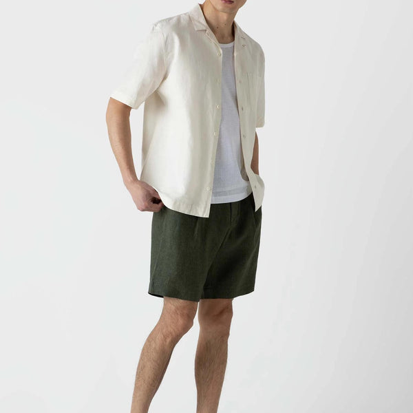 Ecru Cotton Linen Camp Collar Shirt