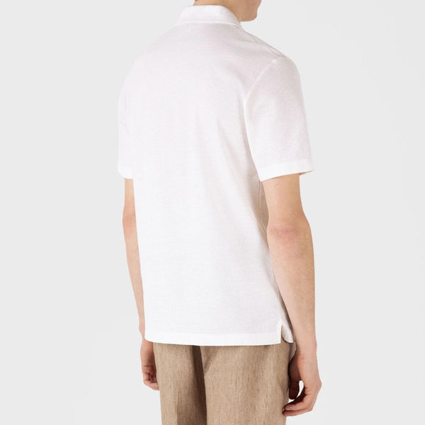 Ecru Open Collar Cotton Textured Mesh Jersey Shirt