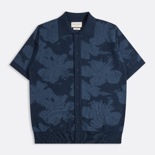 Navy Zigger Pixal Floral Knitted Cotton Shirt