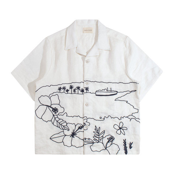 White Embroidered Landscape Linen S/S Shirt