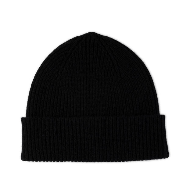 Black Wool Ribbed Beanie Hat