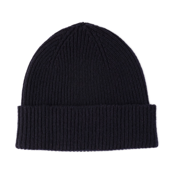 Navy Wool Ribbed Beanie Hat