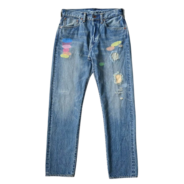 LIMITED EDITION Indigo Distressed Happy Patchwork Denim Jeans