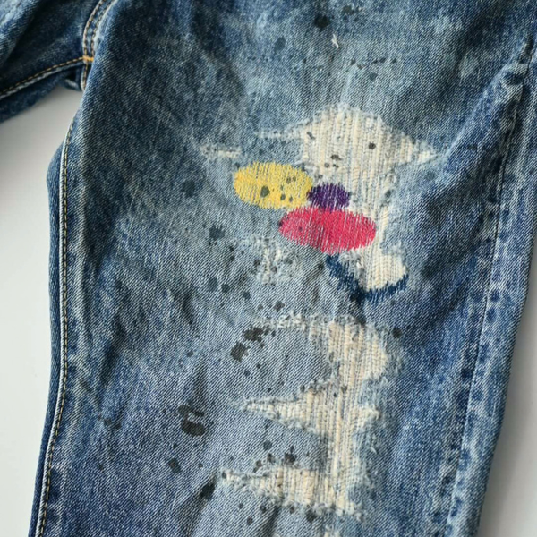 LIMITED EDITION Indigo Distressed Parade Patchwork Denim Jeans
