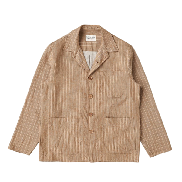 Brown Pinstripe Creek Linen Chore Overshirt Jacket
