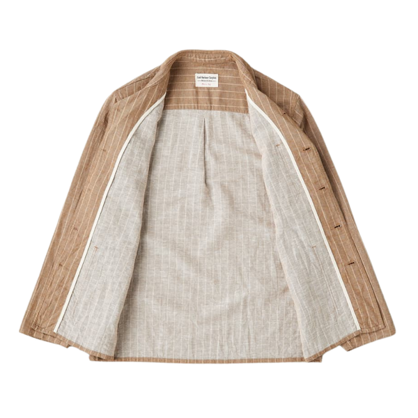 Brown Pinstripe Creek Linen Chore Overshirt Jacket