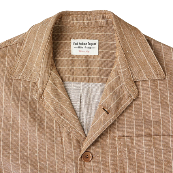 Brown Pinstripe Creek Linen Chore Overshirt Jacket