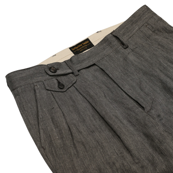 Washed Herringbone Enfield Pleated Cotton Linen Trouser