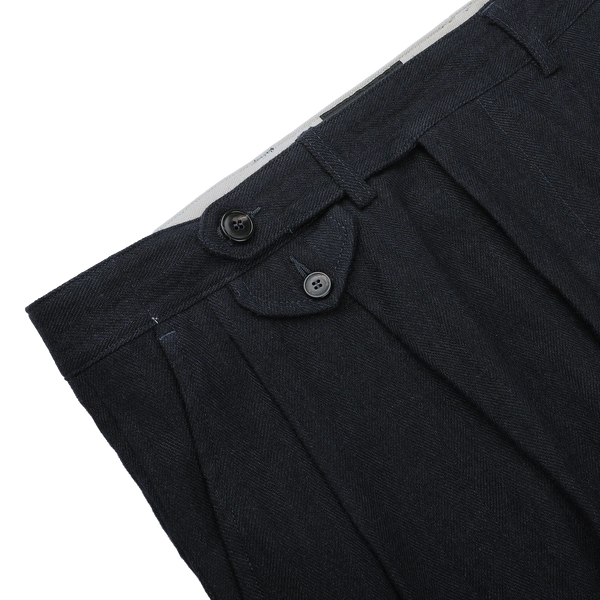 Navy Enfield F2601 Wool Linen Herringbone Pleated Trouser