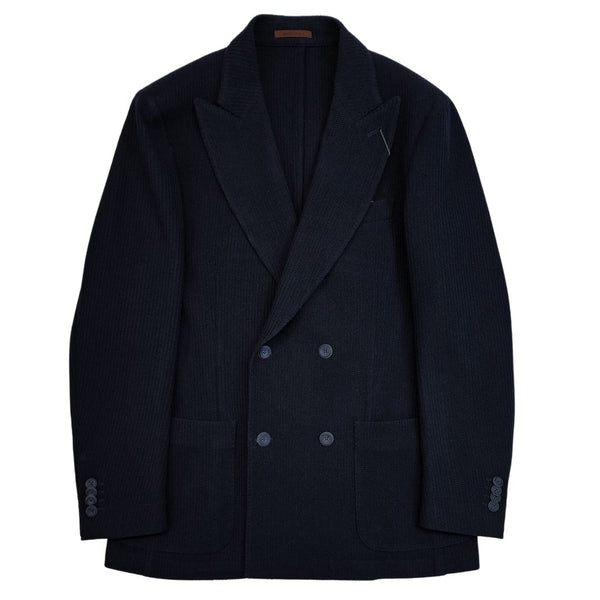 Navy Adriano Rib Knit Wool Double Breasted Sport Jacket