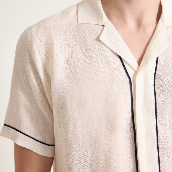 White Sand Night Iris Maitan Linen Piping Capri Collar Shirt