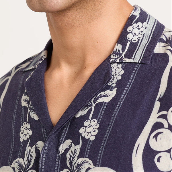 Navy Iris Maitan Petralis Garland Print Linen Shirt