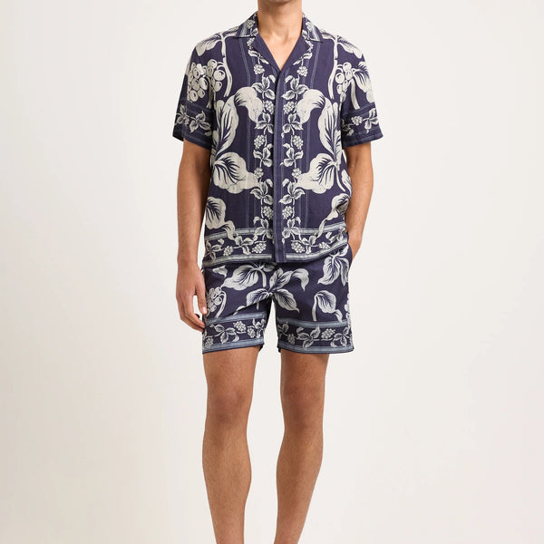 Navy Iris Alex Petralis Print Linen Shorts