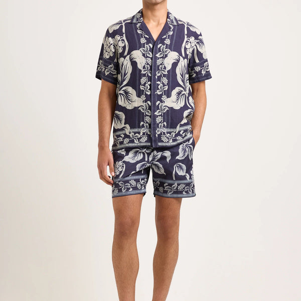 Navy Iris Maitan Petralis Garland Print Linen Shirt