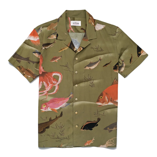 Fish Print Cotton Blend S/S Shirt