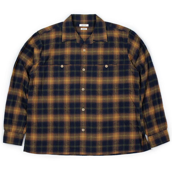 SV-SH-025 Mustard/Navy Camp Collar Cotton Plaid Shirt