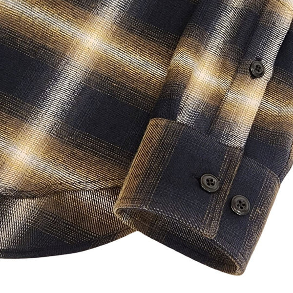 Navy Gold Plaid Brushed Twill Cotton Shirt