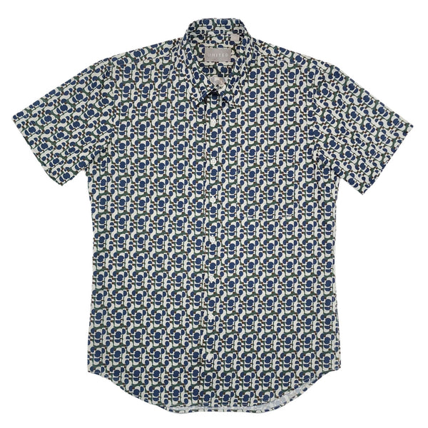 Olive and Navy Geometric Print Cotton S/S Shirt
