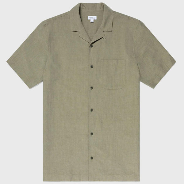 Hunter Green Cotton Linen Camp Collar Shirt