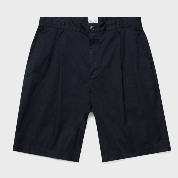 Navy Pleated Cotton Twill Shorts