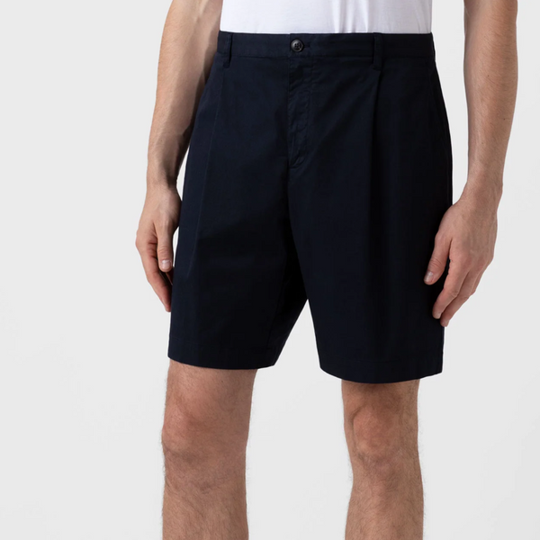 Navy Pleated Cotton Twill Shorts