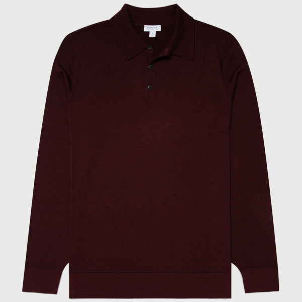 Maroon Long Sleeve Merino Wool Polo Shirt