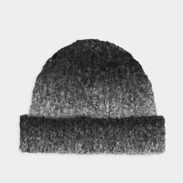 Black Grey Ombre Alpaca Knit Ribbed Beanie Hat