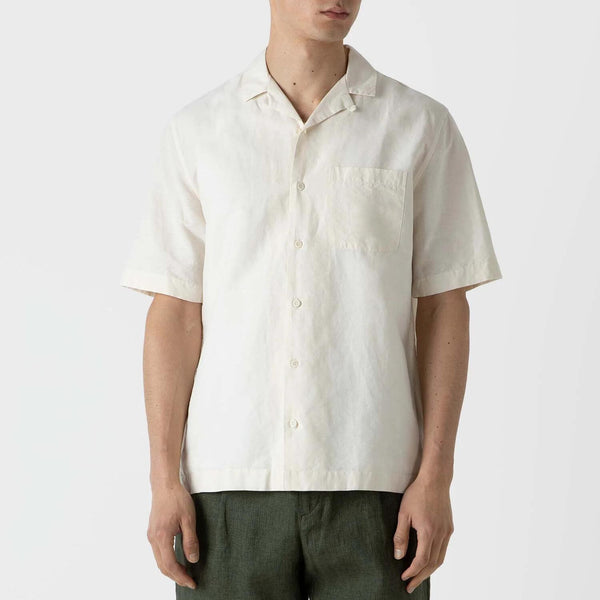 Ecru Cotton Linen Camp Collar Shirt