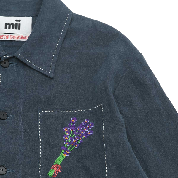Navy Scarlet Hand Embroidered Linen Chore Jacket